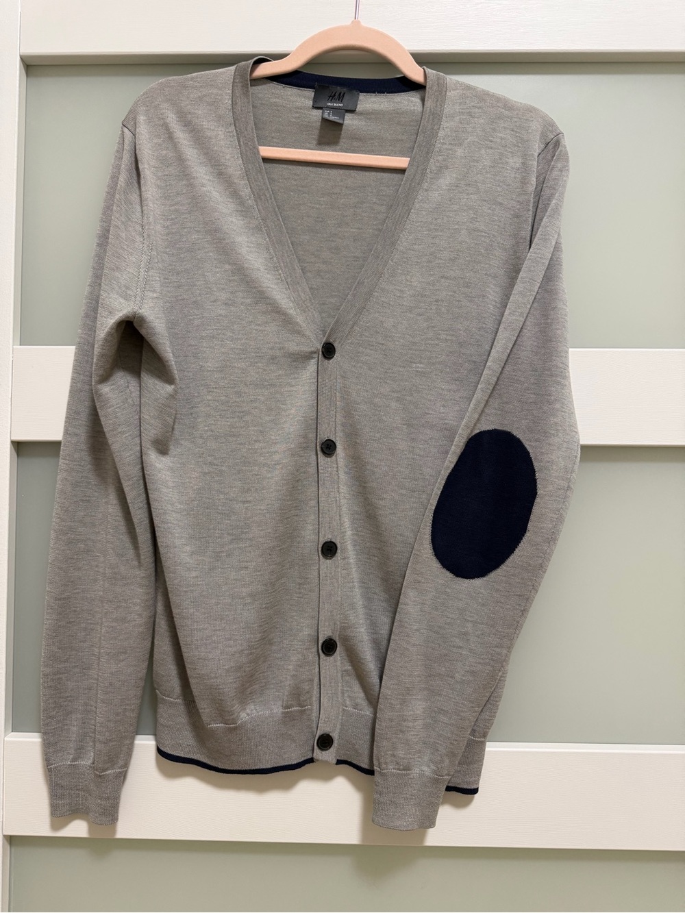 H&M Gray V-Neck Cardigan with Navy Elbow Patch